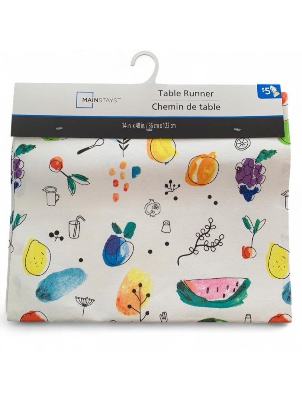 Mainstays Table Runner with watercolor style fruit and vegetable illustrations